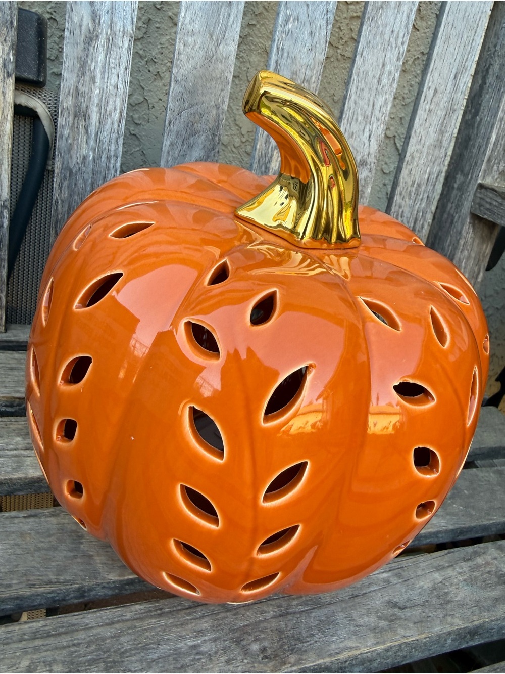 Ceramic Orange Pumpkin Lantern with Gold Stem 12” home decor fall Halloween